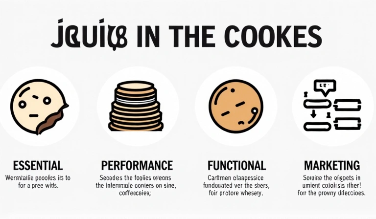 Infographic showing different types of cookies and their functions: essential, performance, functional, and marketing cookies, with small icons representing each category.