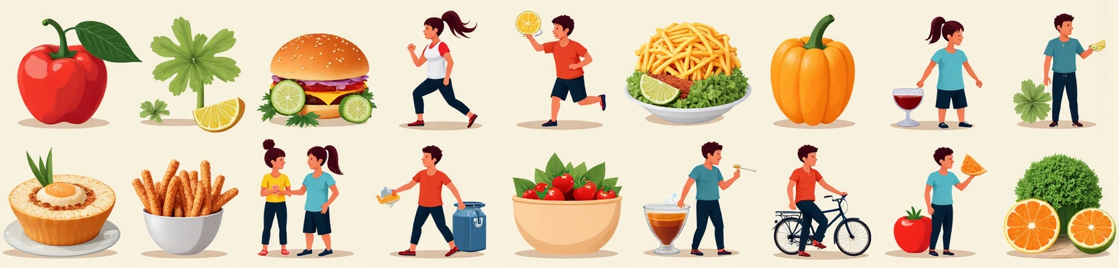 Diverse gesunde Lebensmittel und Menschen bei gesunden Aktivitäten