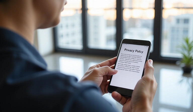 Person überprüft Datenschutzrichtlinien auf einem Smartphone