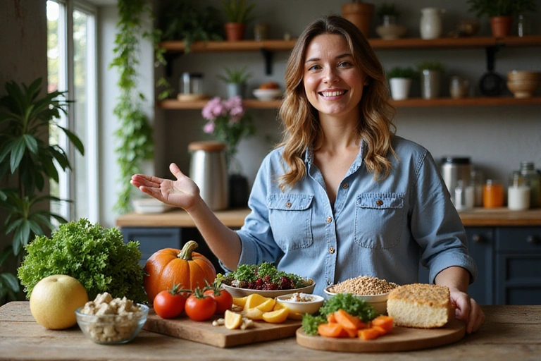 Ernährungsberaterin präsentiert eine Auswahl an frischen, gesunden Lebensmitteln auf einem Tisch.